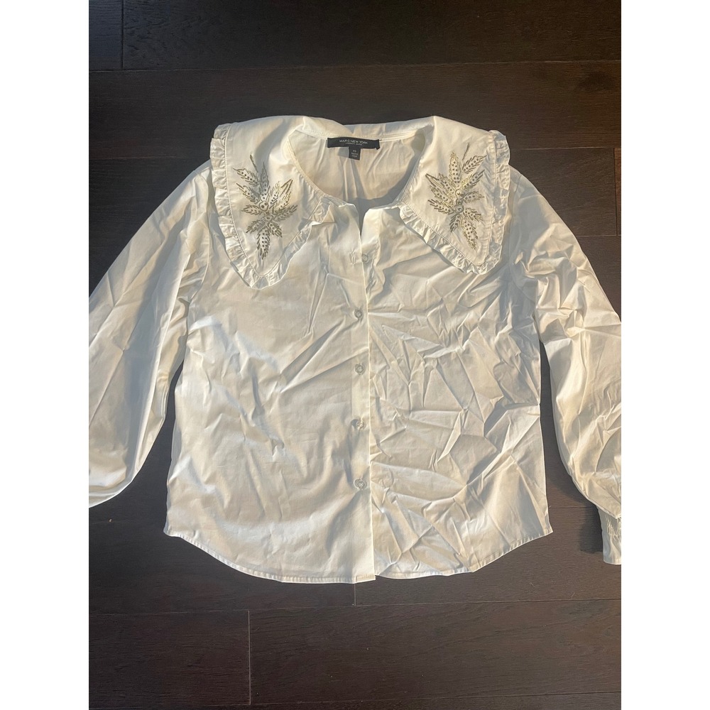 Marc New York Andrew Marc White Embroidered Peter Pan Collar Blouse Womens XS